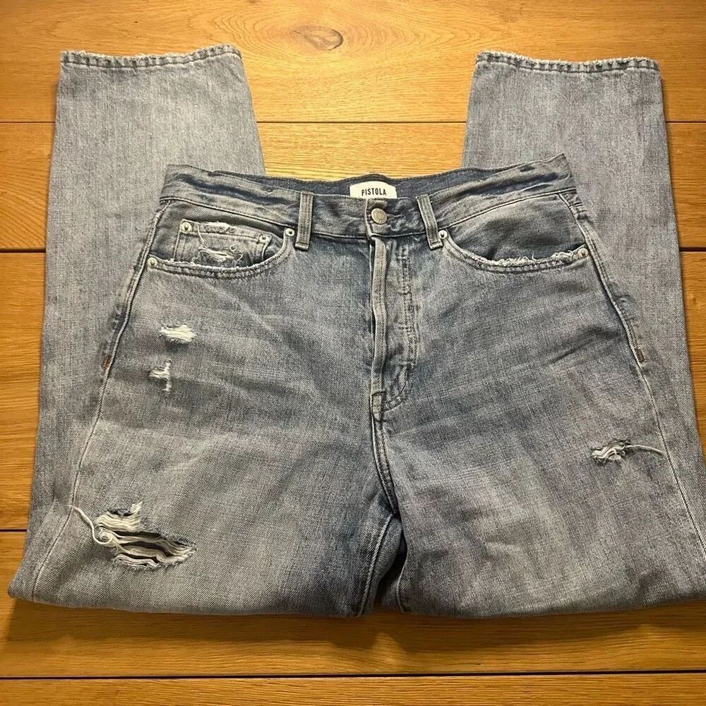 Pistola button fly jeans distressed light wash 29